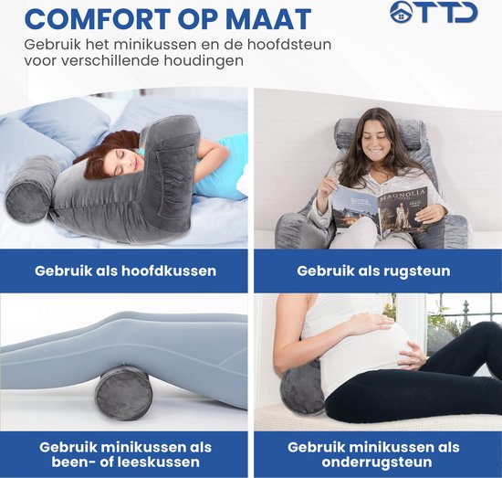 TTD® Premium XXL Lesekissen mit Nackenrolle - Lesesitz - Lesekissen fürs Bett - Ergonomisches Sitzkissen mit verstellbarer Polsterung - Buchkissen - Inklusive extra Minikissen - Samtig weich - Waschbarer Bezug