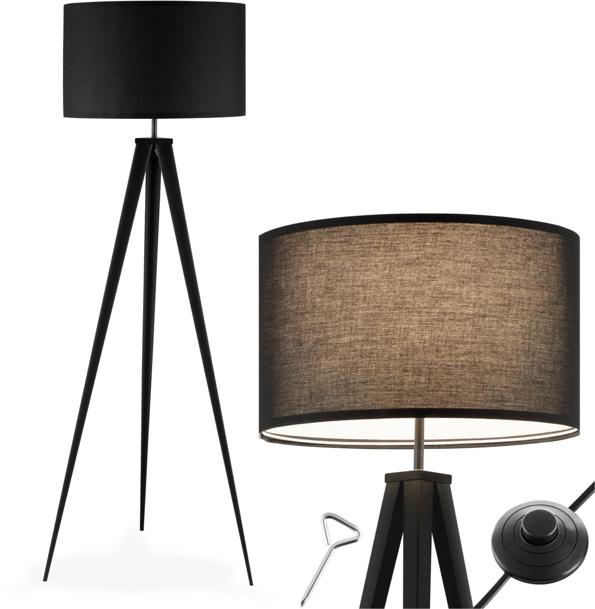 tectake® Stehleuchte - Stehleuchte 3-Fuß - 158 cm hoch - Schirm in Leinenoptik - Fußschalter - Schwarz