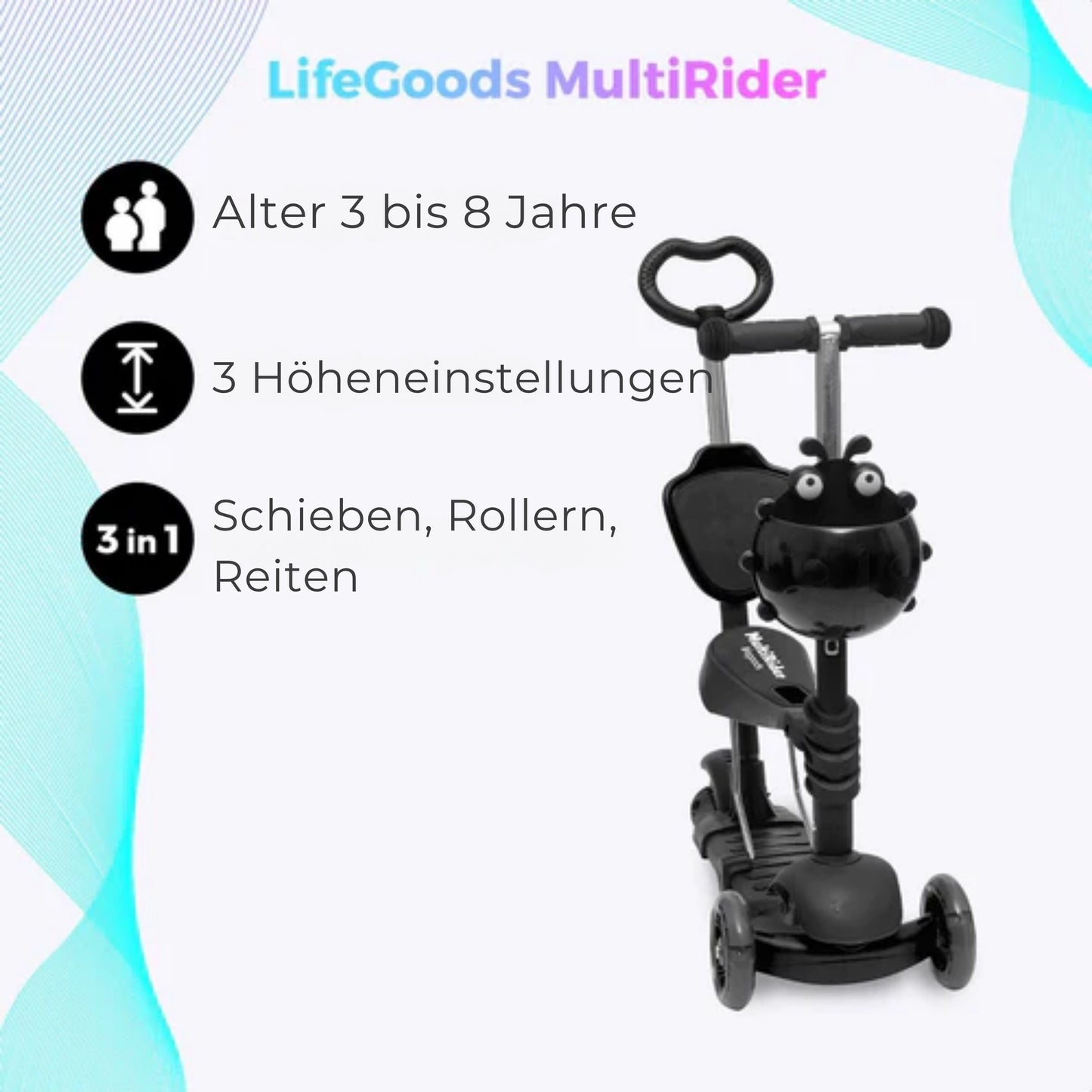 LifeGoods MultiRider - Kinder-Roller - Mit Schiebestange - 3 -8 Jahre - Jungen/Mädchen - 3 leuchtende Räder - Schwarz