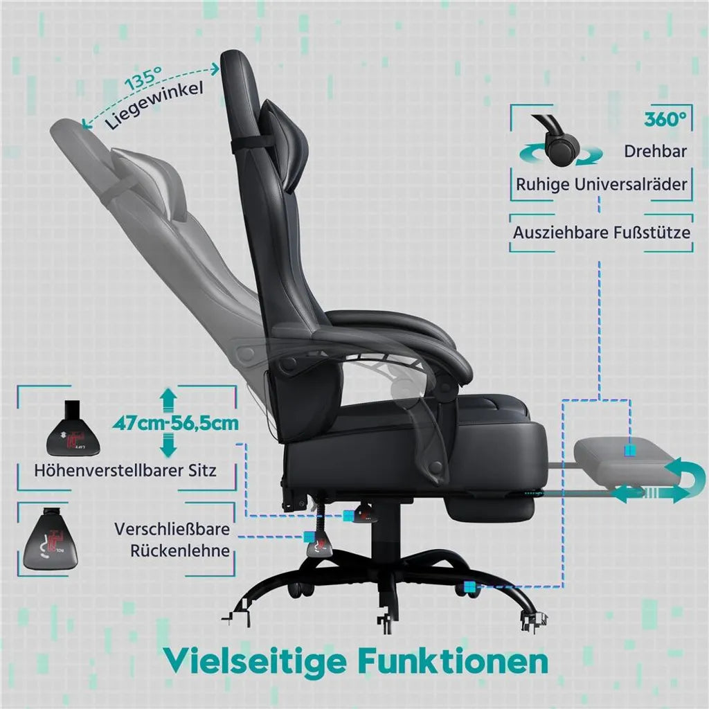 Yaheetech Gaming Chair 72 × 72 × 124,5-134 cm - Schwarz - Ergonomischer Gaming Chair mit Massagefunktion, Fußstütze und verstellbarer Höhe