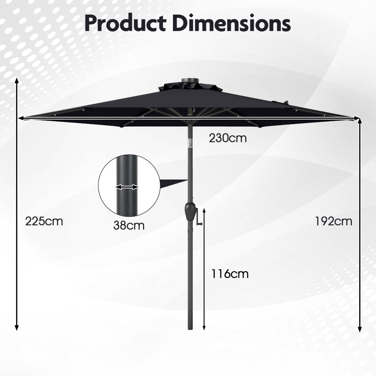 Coast Sonnenschirm mit Solarantrieb – mit LED-Beleuchtung – neigbar und belüftet – schwarz, 230 cm
