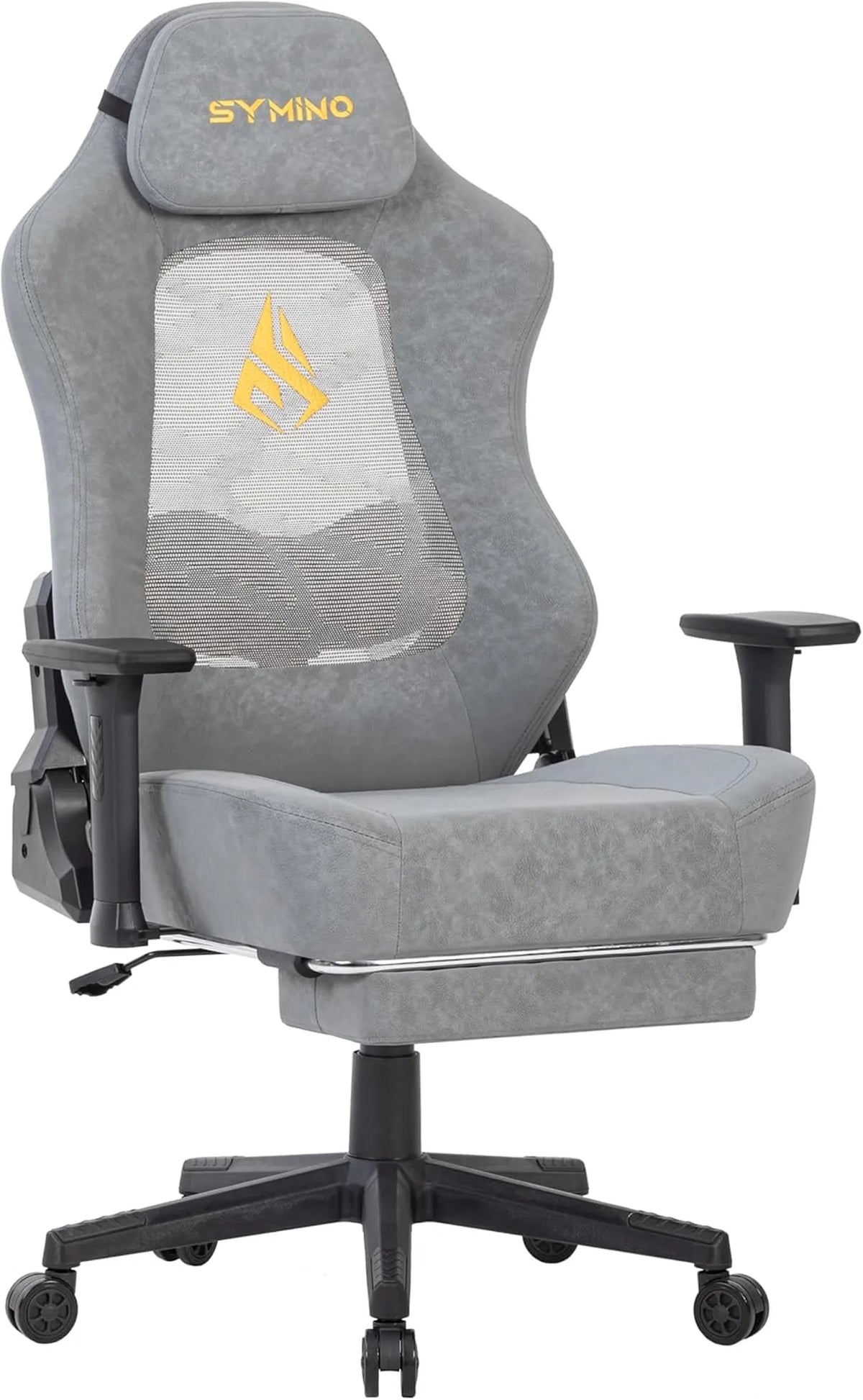 SYMINO Ergonomischer Gaming-Stuhl mit atmungsaktiver Rückenlehne – Vintage-PU-Leder – Grau – Metall und Schaumstoff
