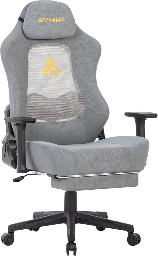 SYMINO Ergonomischer Gaming-Stuhl mit atmungsaktiver Rückenlehne – Vintage-PU-Leder – Grau – Metall und Schaumstoff