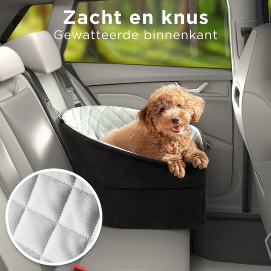 CozySense® Hundeautositz - Hundekorb für kleine Hunde - Vorder- und Rücksitz - mit Sicherheitsgurt, Staufach und waschbarem Bezug - Schwarz/Grau