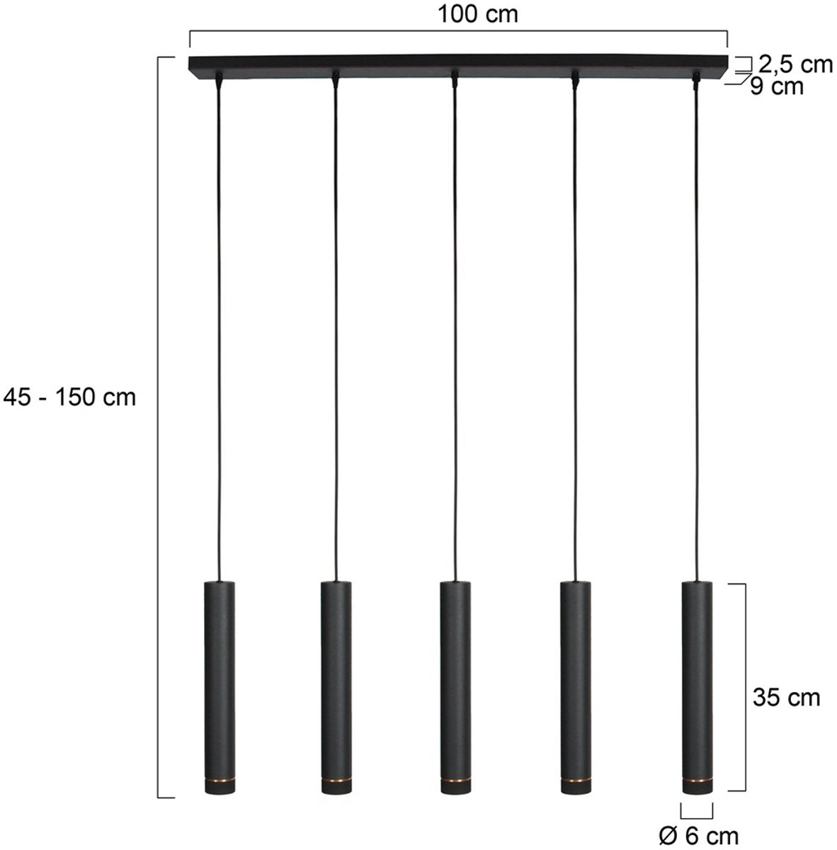 Mexlite Pendelleuchte DownLume - 5-flammig - Schwarzes Metall - Große Esstischlampe - GU10 - Modernes Design