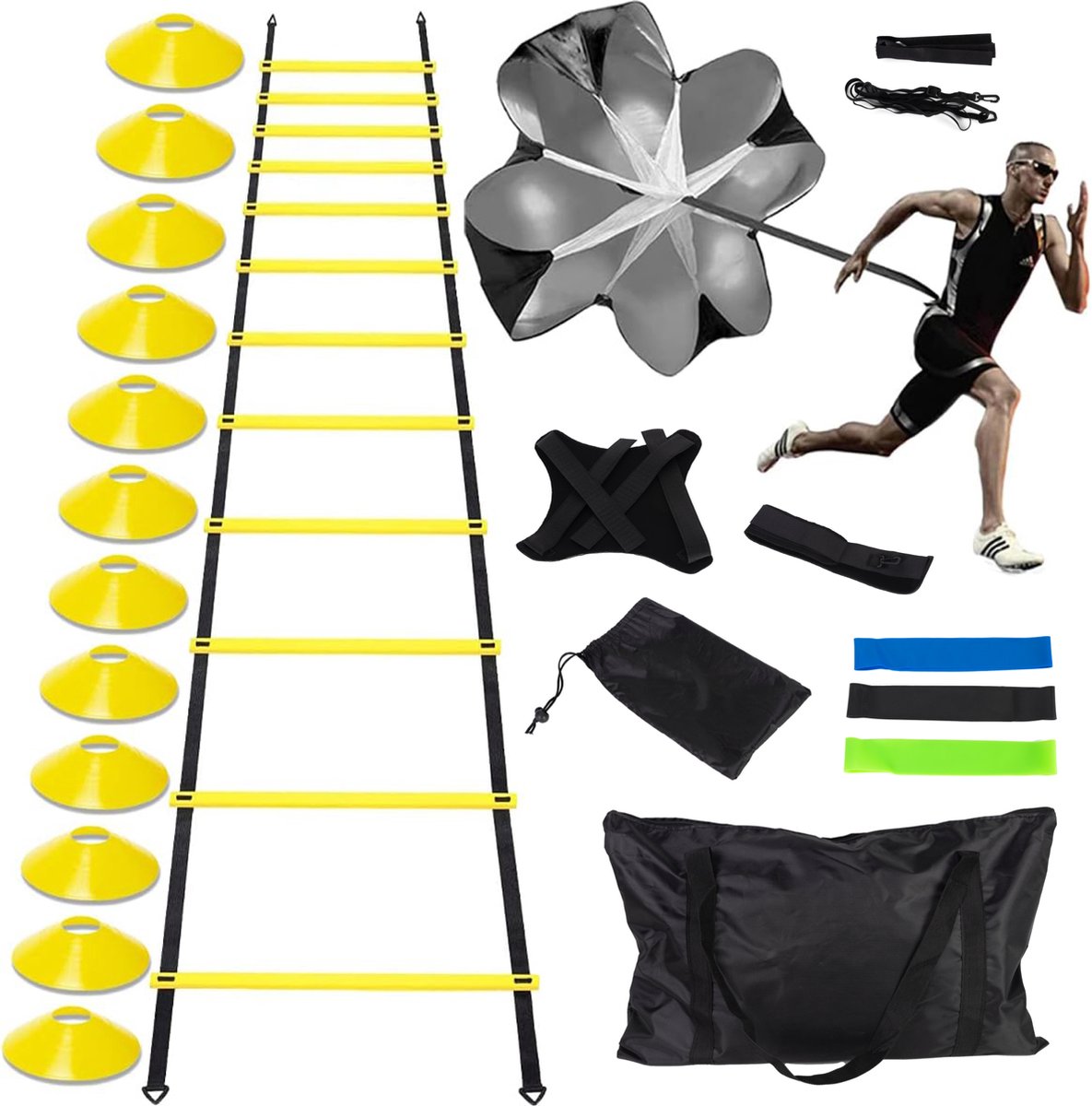 Volcan Football Training Equipment Set - Trainingsausrüstung - Trainingshüte - Spielfiguren - Speed Ladder - Kegel - Resistance Bands - Resistance Parachute - Baltrainer - inkl. Tragetasche