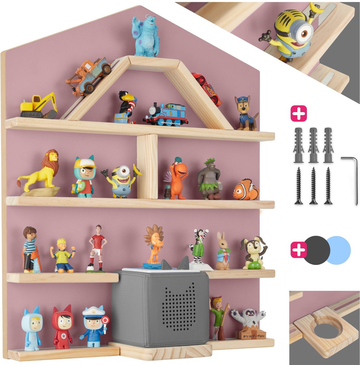 Tectake Mylittle Story Wandregal für Tonies - Hausform - Holz - Kirschbaumoptik