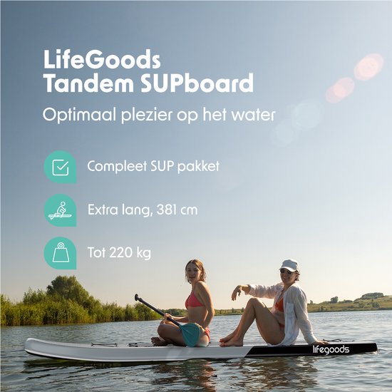 LifeGoods SUP Board Tandem - 2 Personen - 220 KG Belastbarkeit - 381 x 86 cm - Aufblasbar - Komplettes SUP Paket - Weiß/Schwarz