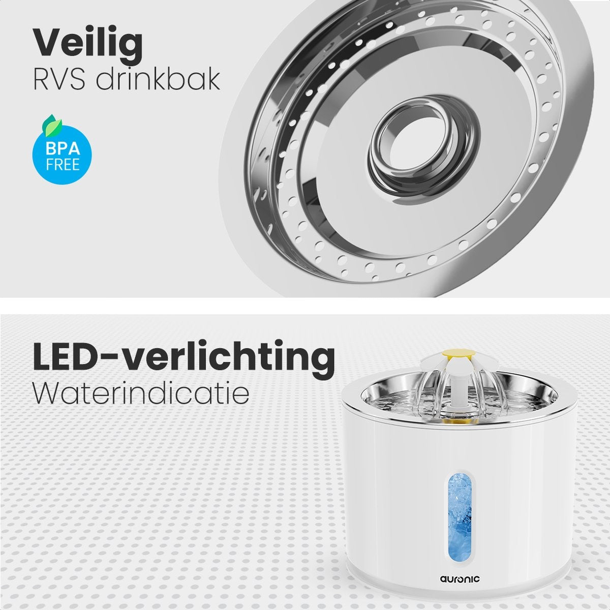 Auronic Trinkbrunnen - Wasserbrunnen für Katzen und Hunde - 2.4L - Tiertränke - Inkl. 4 Filter und 2 Bürsten - Weiß