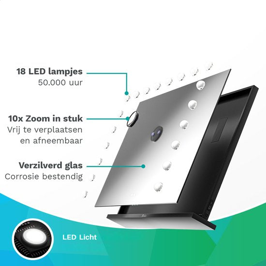 Mirlux Hollywood Mirror 80x60CM - 2 Bluetooth-Lautsprecher - USB & USB-C Ladeanschlüsse - LED-Beleuchtung - Schminkspiegel - 10x Zoom - Aufhängbar - Schwarz