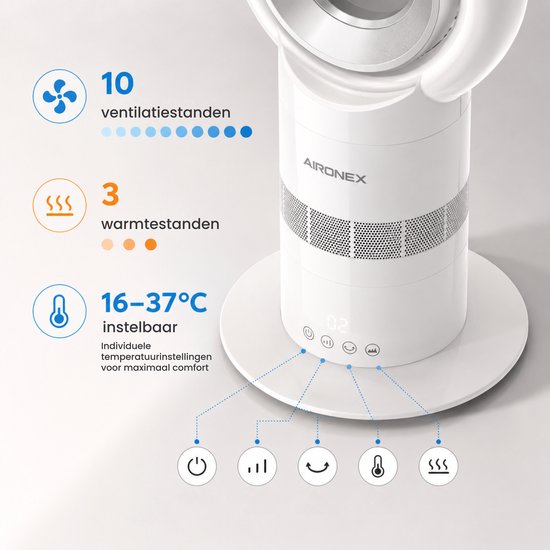 Aironex Swing kabelloser Ventilator mit Heizfunktion – Heizventilator – 2-in-1: Kühlen & Heizen – 10 Stufen – 71° Schwenkbereich – Fernbedienung – Weiß