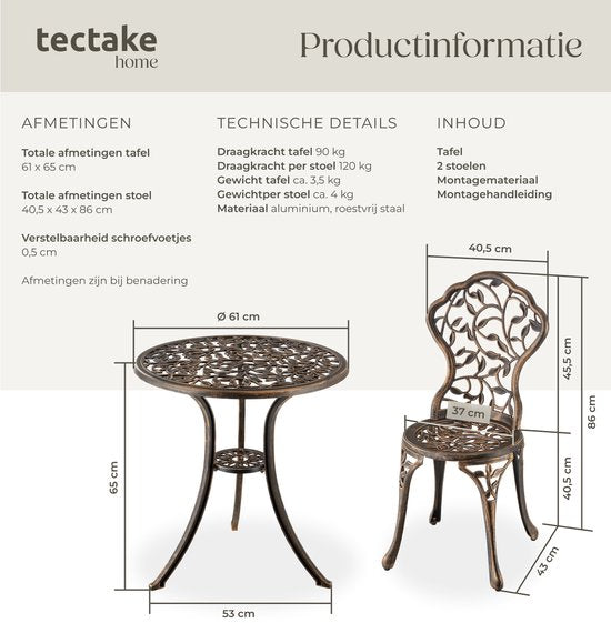 tectake® 2-Personen-Bistro-Set - Vintage Bistro-Tisch mit 2 Bistro-Stühlen - Aluminium-Bistro-Set für Garten, Terrasse oder Balkon - wetterfest - bronzefarben