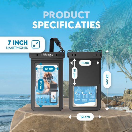 Travelly® Wasserdichte Handytasche mit extra Staufach - Universelle Unterwassertasche für Smartphone - Geeignet für alle Handys - Drybag - Für Urlaub, Schwimmen & Wassersport - Schwarz