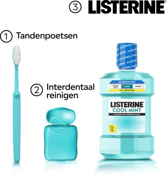 Listerine Cool Mint Mild Mundspülung, mit ätherischen Ölen, gegen Mundgeruch und Zahnbelag, milder Minzgeschmack, 1 l