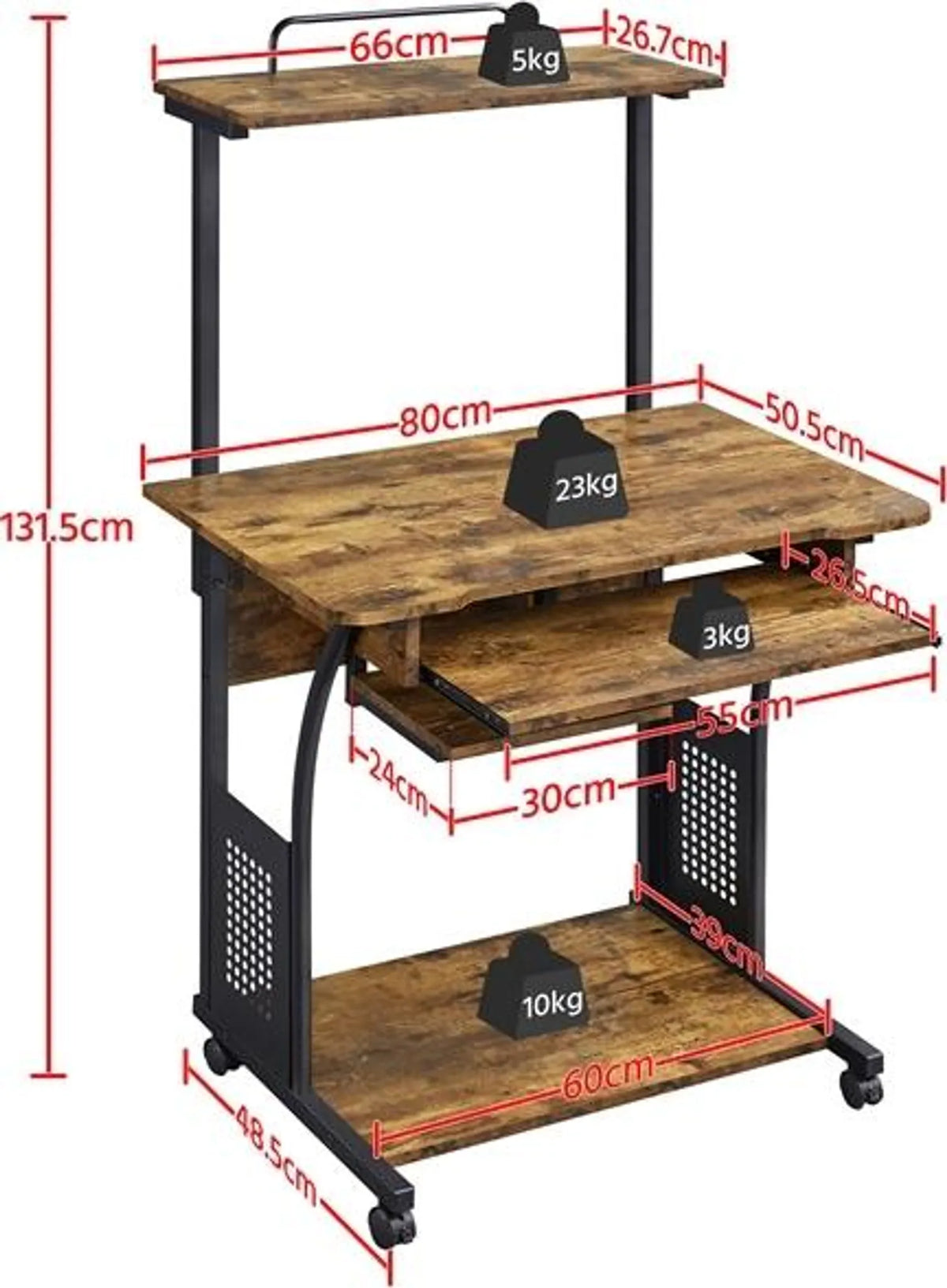 Yaheetech Computertisch mit Ablageböden und Rollen – 80,5 x 60 x 132 cm – Rustikales Braun