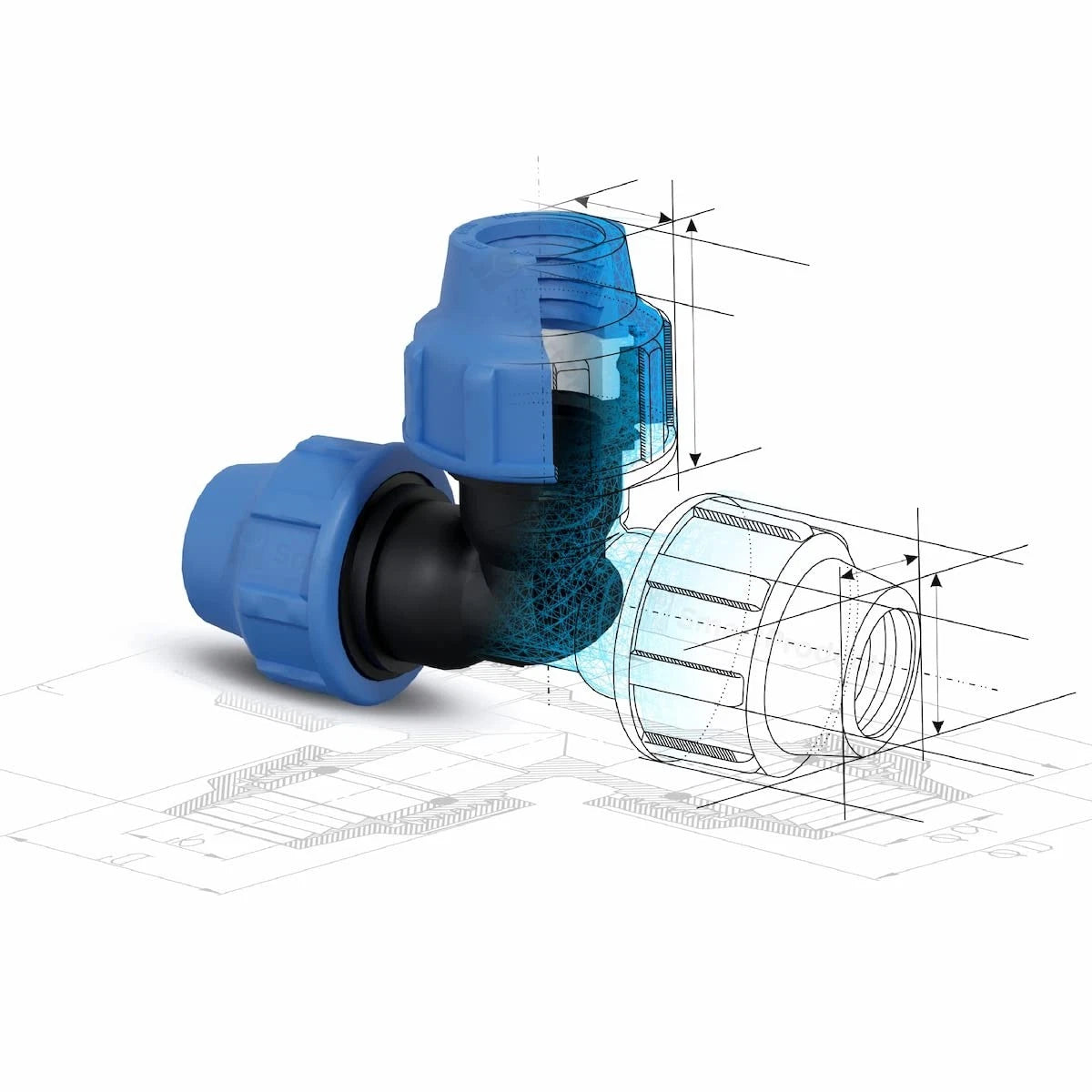 SmartProduct Wandeck-Kompressionskupplung 25 mm, 2 Stück – Schwarz & Blau – PP