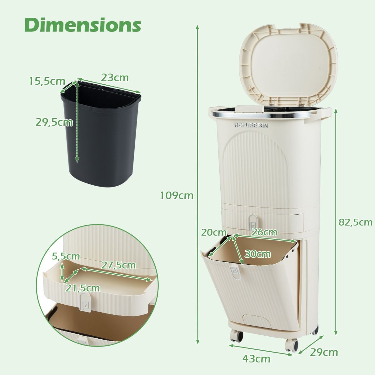 Coast Mülltrennbehälter – 3 Fächer – ausziehbare Schublade – Fußpedal – beige – 42 Liter