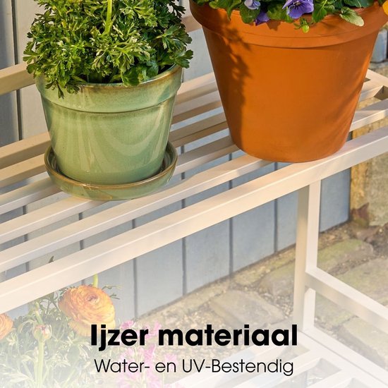 Mica Decorations Greenrax Pflanzenregal auf Rädern – Pflanzenständer für Zimmerpflanzen, Außenpflanzen oder Gartengeräte – Mehrere Ablagen, Pflanzenuntersetzer – 80 x 35 x 81 cm – Eisen – Off-White