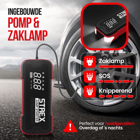 Strex 12V Starthilfe fürs Auto mit Kompressor - 4000A / 24.000 mAh - 5-in-1 Starthilfe mit Kompressor, Powerbank, LED-Taschenlampe und SOS-Notlicht - Inkl. Hardcover