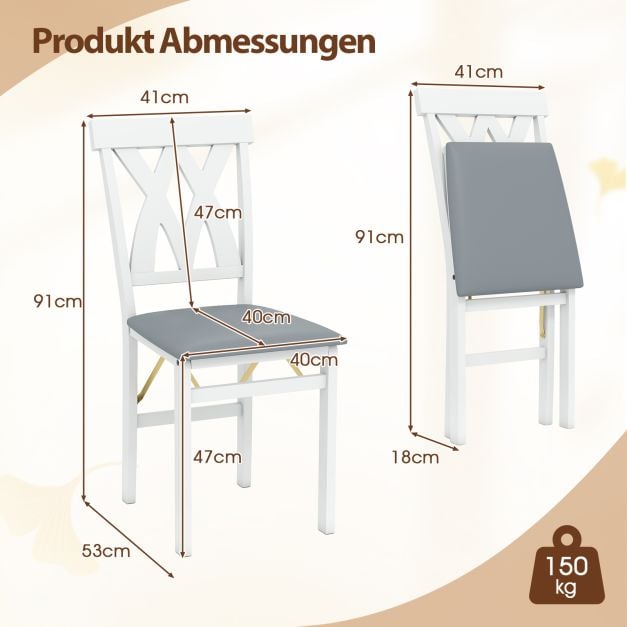 Coast 2er-Set klappbare Esszimmerstühle, Stühle ohne Armlehnen mit Lattenlehne und gepolstertem Kissen – Kautschukholz – 41 x 53 x 91 cm – Weiß