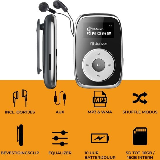 Denver MP3-Player inkl. Ohrhörer - 32GB - Shuffle-Modus - Kinder & Erwachsene - Befestigungsclip - AUX - MicroSD - MPS316 - Schwarz