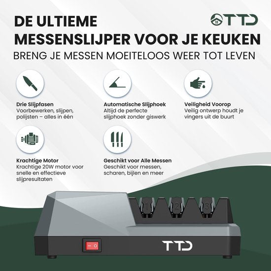 TTD® Premium Messerschärfer Elektrisch - 3 Ständer - Vorbearbeiten, Schärfen und Polieren - Anti-Rutsch - Piercing Sharpener - Messerschärfer - Wetzstahl für Messer