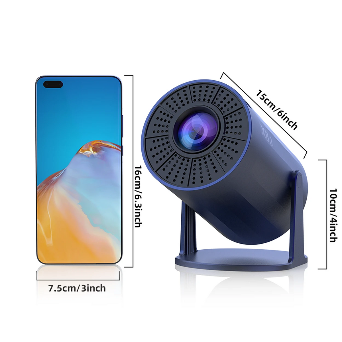 XBJ Tragbarer Mini-Beamer – Blau – Android 11 – WLAN 6 & Bluetooth 5.2 – 200 ANSI – um 180° drehbar – Bildgröße 40 bis 200 Zoll – 14 x 11,9 x 21,8 cm