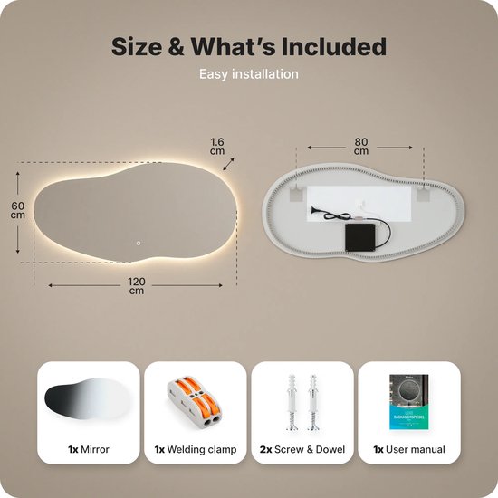 Mirlux Badezimmerspiegel mit LED-Beleuchtung – Asymmetrischer Wandspiegel – Beschlagfreier Duschspiegel – 120 x 60 cm