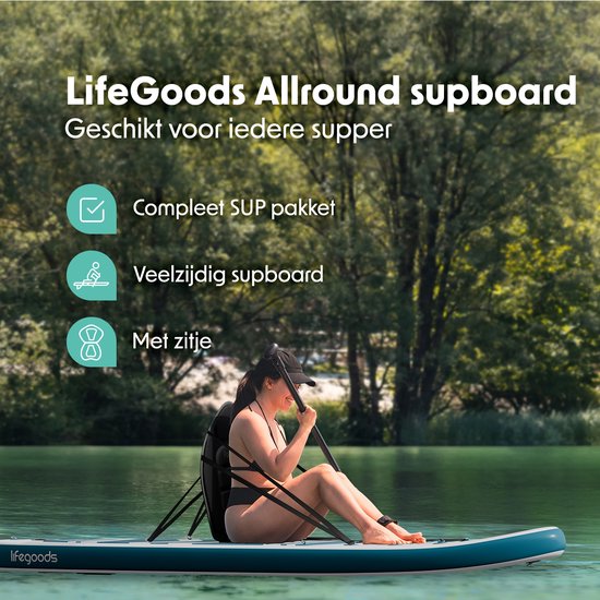 LifeGoods PaddlePro SUP Board - mit Sitz - Aufblasbares Paddle Board - Komplettset - Max. 135KG - 320x81cm - Weiß/Tief Aqua