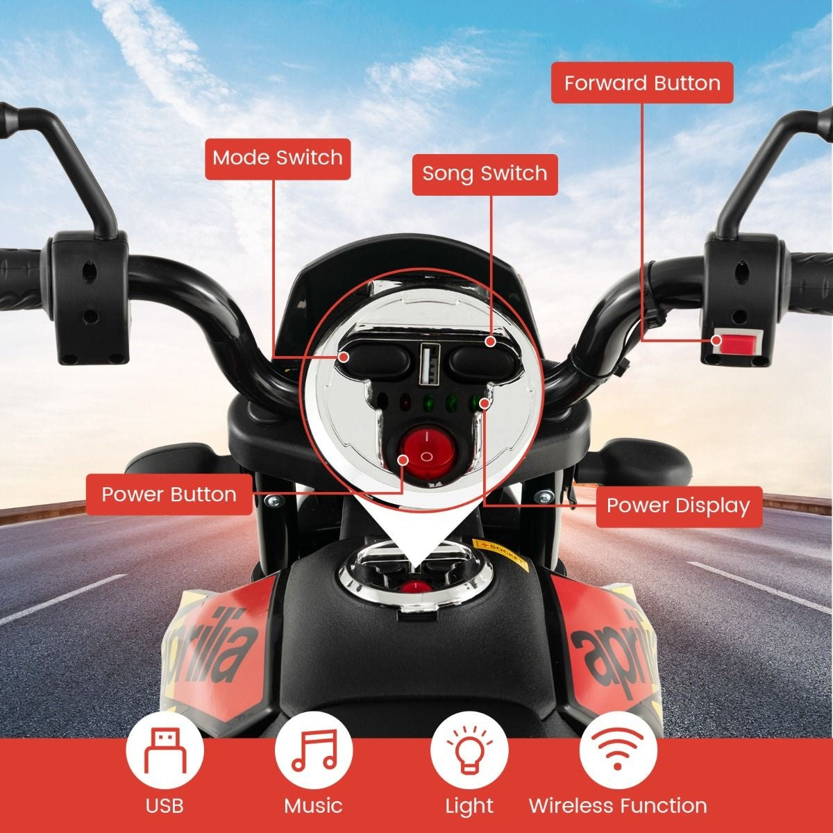 Elektromotorrad Aprilia-Führerschein für Kinder mit 2 Stützrädern 12V Batteriebetriebenes Motorrad mit Musik für Kinder von 3-8 Jahren
