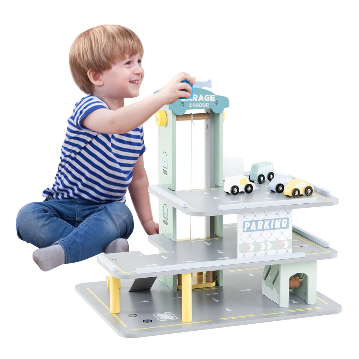 Coast 3-Schicht-Holzspielgarage mit 4 Autos und Hubschrauber - 50x40x47 cm - Mehrfarbig