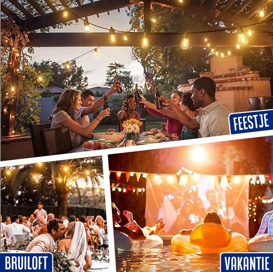 SHINE - Lichterkette für den Außenbereich - Solarbetriebene Lichtergirlande - Solar Led Prick Cord - Partybeleuchtung - Glühbirnengirlande - Gartenbeleuchtung - Vintage Basic Atmosphere Lighting - 12 Led E27 Glühbirnen mit Fernbedienung (8.3 Meters)