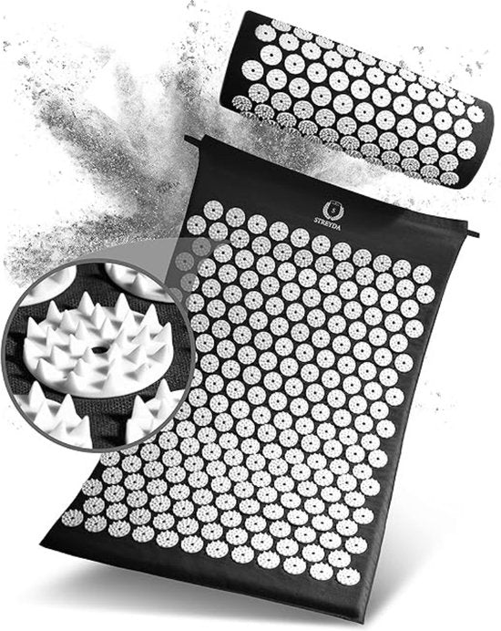 Premium-Akupressurmatte – Akupressurmatten-Set – Nagelmatte – Shakti-Matte – Massagematte – Optimale Entspannung – Inklusive Tasche und Kissen – Überall einsetzbar – Hochwertiges Material – Schwarz