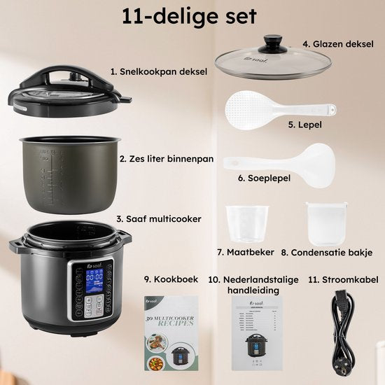 Multikocher - 11-teiliges Set - 6L - 12 automatische Programme - Langsamkocher, Reiskocher, Dampfgarer, Schnellkochtopf - Grau - von Saaf