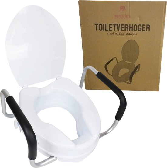 Hendriqs® WC-Sitzerhöhung 10 cm mit Armlehnen & Deckel – Toilettensitzerhöhung mit Armlehnen – Erhöhter Toilettensitz – Sitzverhöher für Erwachsene und Senioren – Höhenverstellbarer Toilettenstuhl – WC-Sitzverhöher – Toilettensitzverhöher