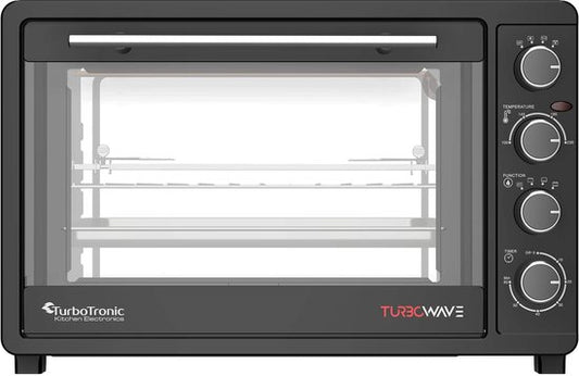 TurboTronic - EV45 Freistehender Backofen - 45 Liter Fassungsvermögen - 2000W Leistung - Heißluft- & Rotisserie-Funktion - 100-230°C - Schwarzer Edelstahl