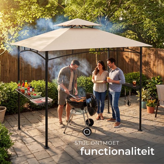 tectake® Grillpavillon – Grillüberdachung – 240 x 150 x 250 cm - Gartenpavillon – wetterfest – UV-Schutz – Doppeldachsystem – Pavillon mit Aufhängehaken, Grillrosten und Flaschenöffner – Grillpavillon – sandfarben
