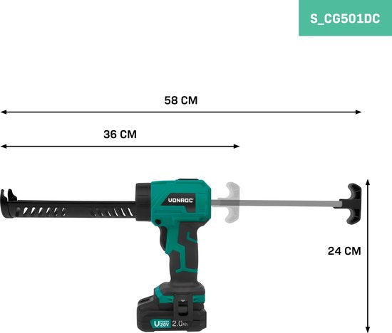 VONROC Akku-Kartuschenpistole 20 V – Druckkraft 1,18 kN/120 kg – mit stufenloser Drehzahlregelung – geeignet für alle gängigen Kartuschen – inkl. 2,0-Ah-Akku und Schnellladegerät