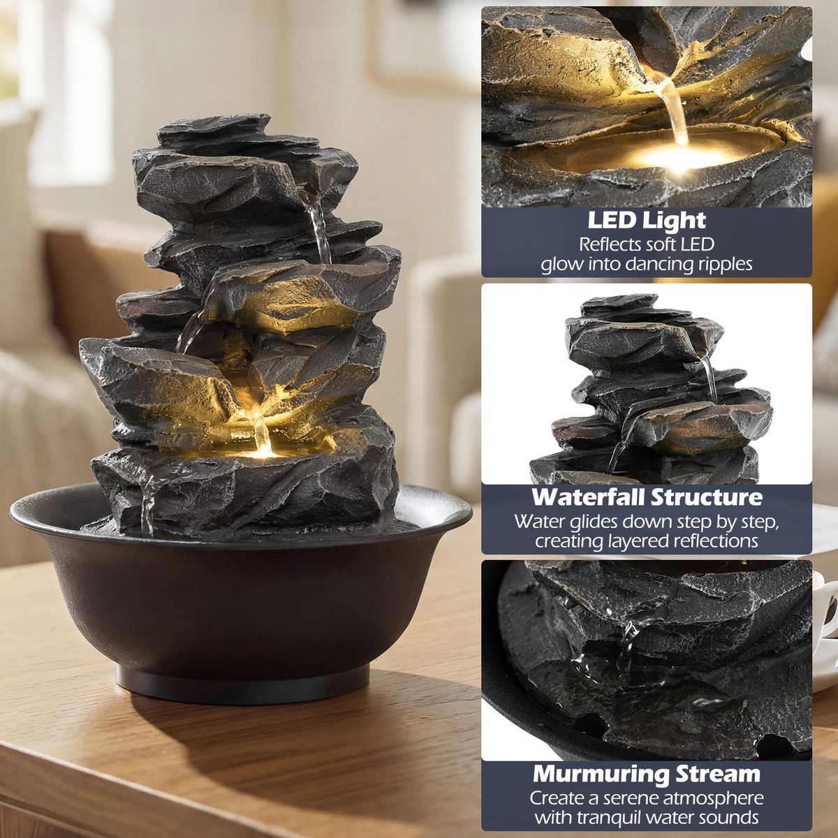 Coast Tischwasserfontäne – Wasserfall im Fels-Look – LED-Beleuchtung – schwarz – 21,5 x 26 cm