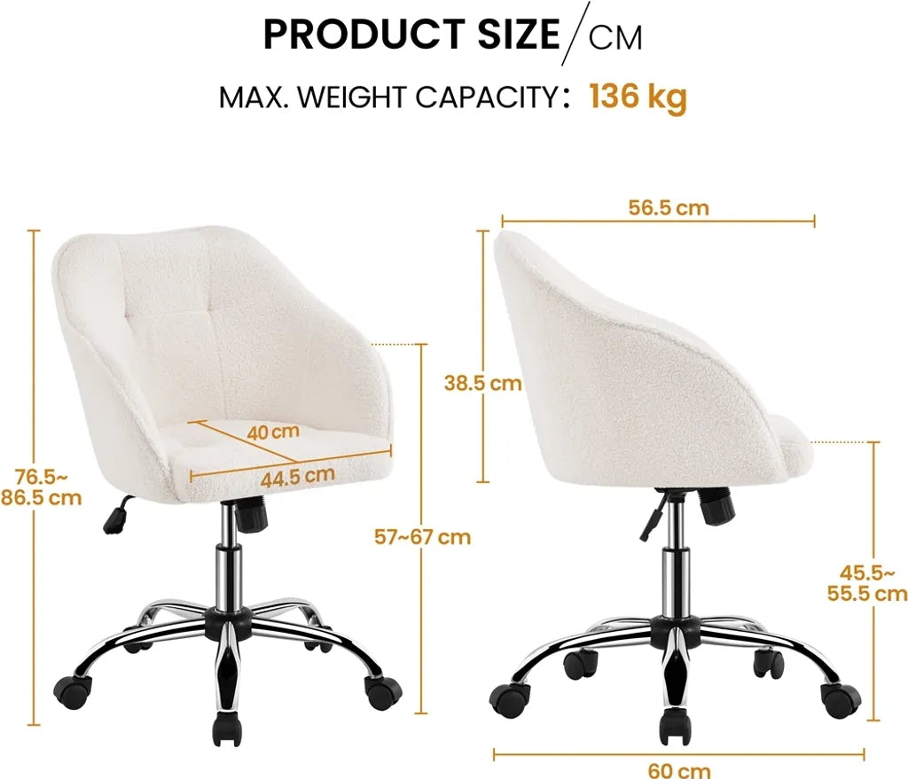 Yaheetech Ergonomischer Bürostuhl 60 x 60 x 76,5–86,5 cm – Elfenbein – Verstellbarer Drehstuhl mit Samtbezug
