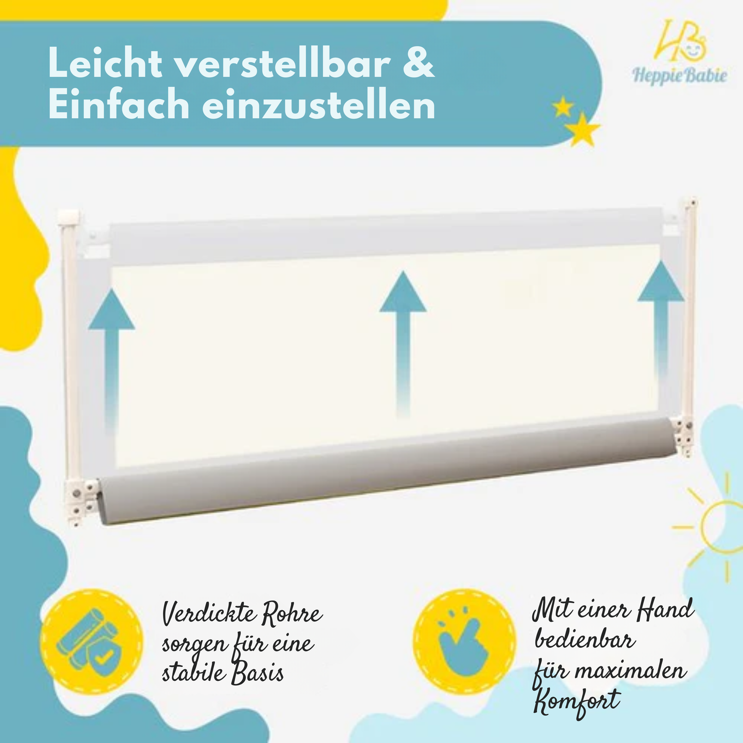 HeppieBabie Bettgitter - Universal - 150 CM - Verstellbar - mit Sicherheitsnetz - Bettgitter - Grau