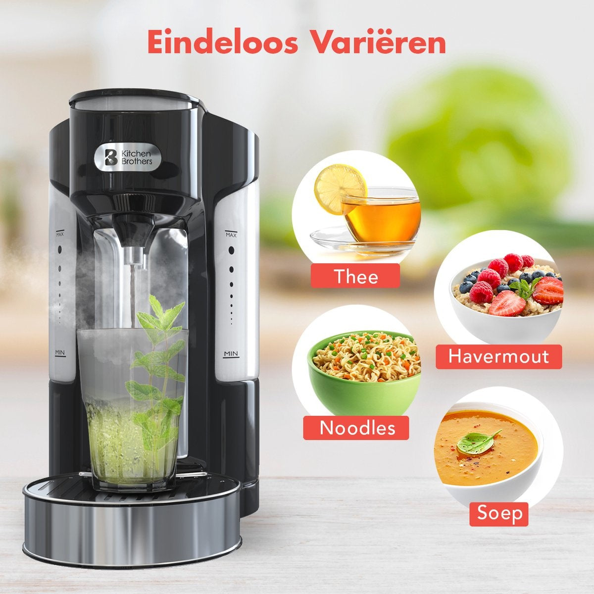 KitchenBrothers Heißwasserspender - 2L - 3000W - Edelstahl/Schwarz