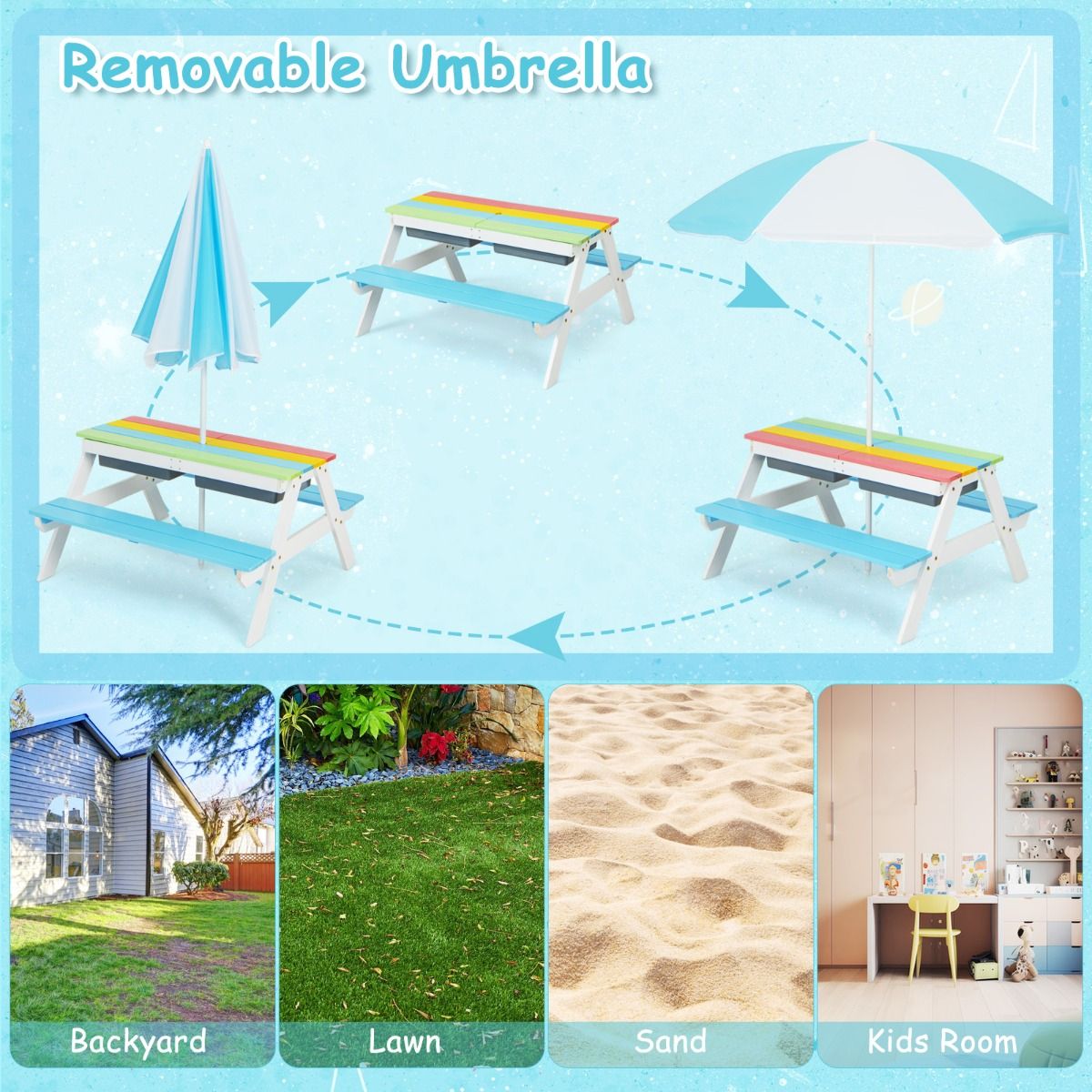 Coast 3-in-1-Picknicktisch-Set für Kinder – mit Sonnenschirm und Bänken – mehrfarbig