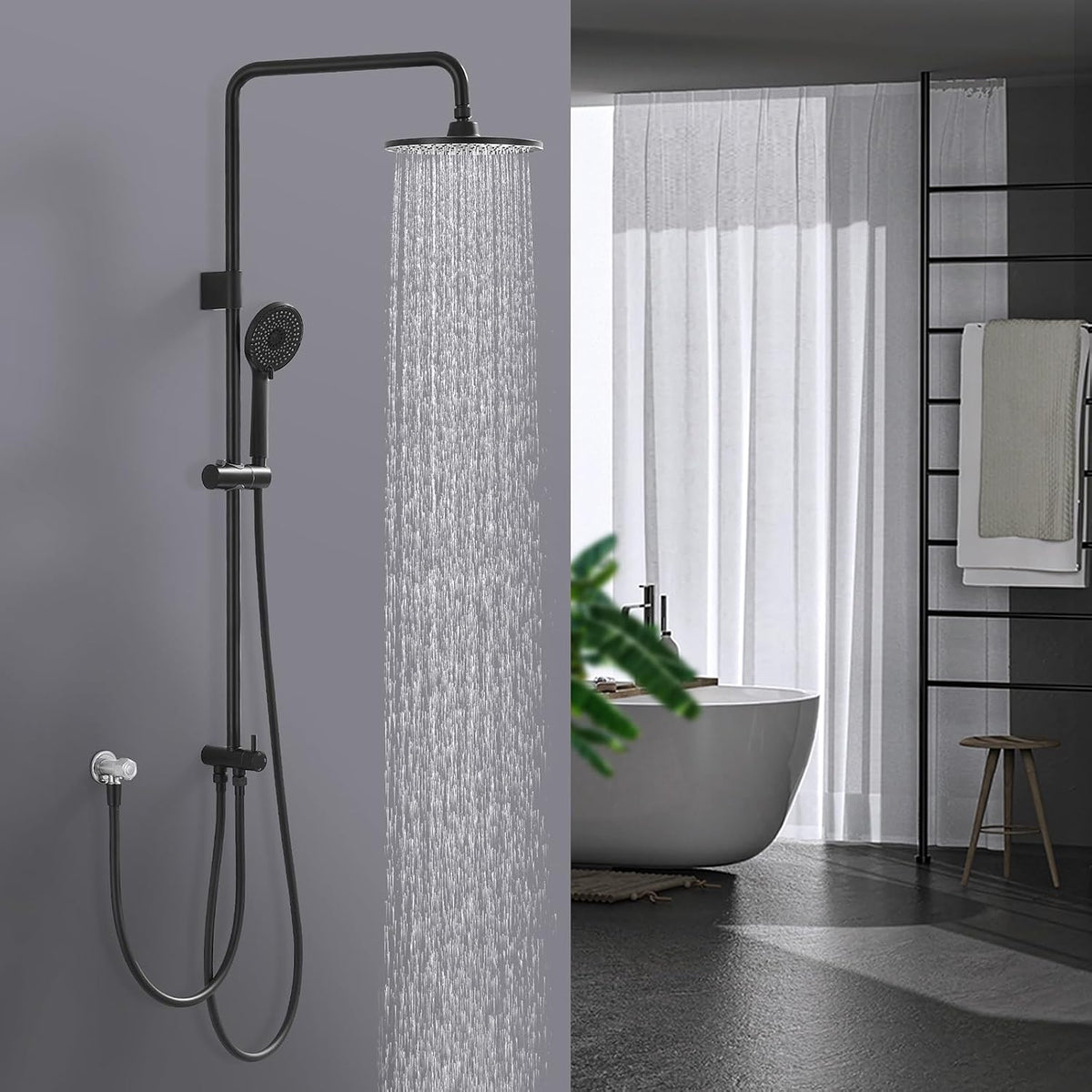 Homelody Regenduschen-Set ohne Wasserhahn – Handbrause mit 4 Einstellungen – Kopfbrause 9 Zoll – Höhe 101,4 cm – Edelstahl – Mattschwarz