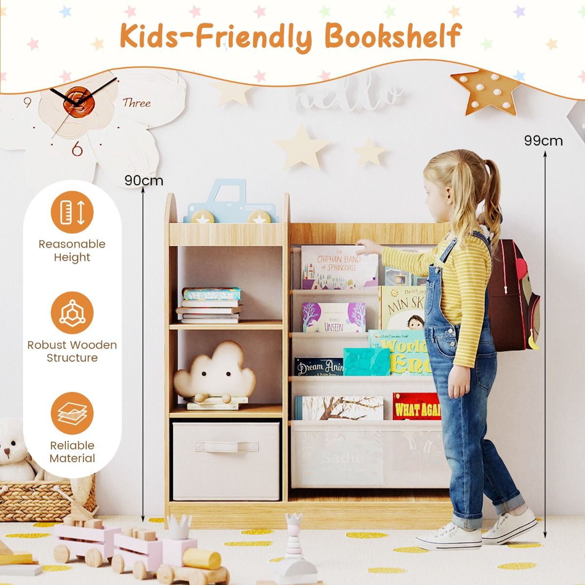 Coast Kinderbücherschrank mit Ganzkörperspiegel – 4-stöckiges Bücherregal, Stoffschublade und Haken – Naturfarben – 87,5 x 30 x 90 cm