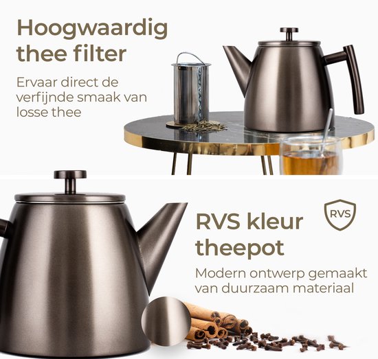 Vaja® Teekanne Juliette Gun Metal - Doppelwandig - 1 Liter - Edelstahl-Teekanne mit Filter