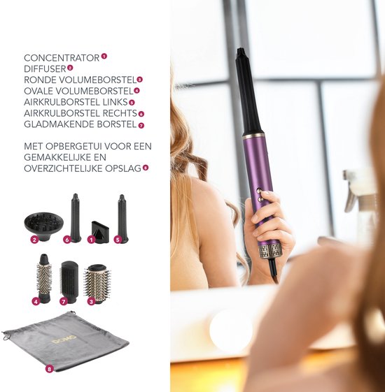 DOMO DO54782HS 7-in-1-Airstyler – Föhnbürste – Multistyler – Lockenbürste – Glättbürste – Föhn mit 7 Aufsätzen – Lila/Gold
