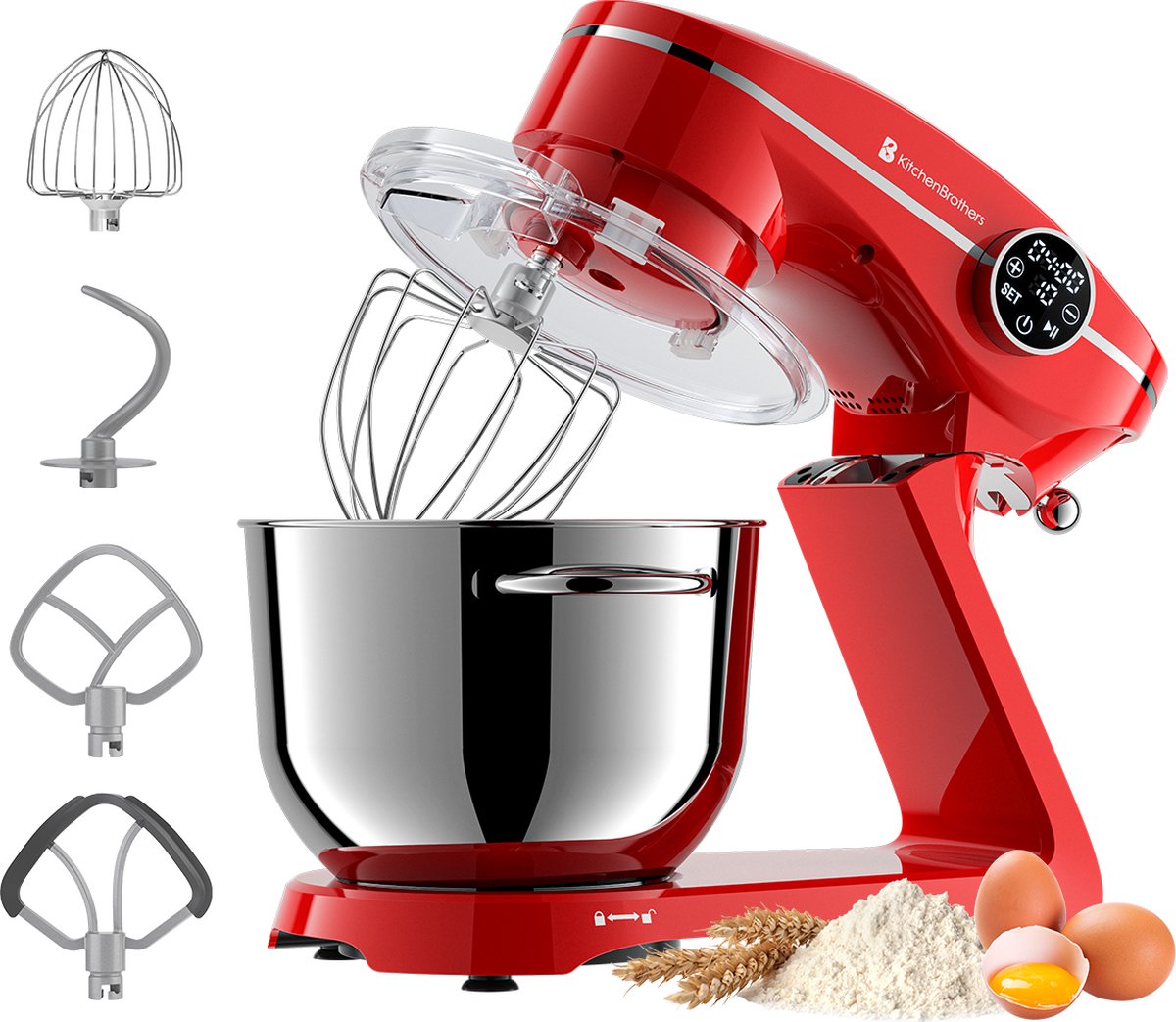 KitchenBrothers Küchenmaschine - Touch-Display und Timer - Küchenroboter - 6L - 1800W - Aluminium - Rot