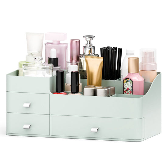 Organess Make-up-Organizer 2024 - Grünes Acryl - 3 Schubladen & 2 Fächer - Aufbewahrungsbox für Hautpflegeprodukte