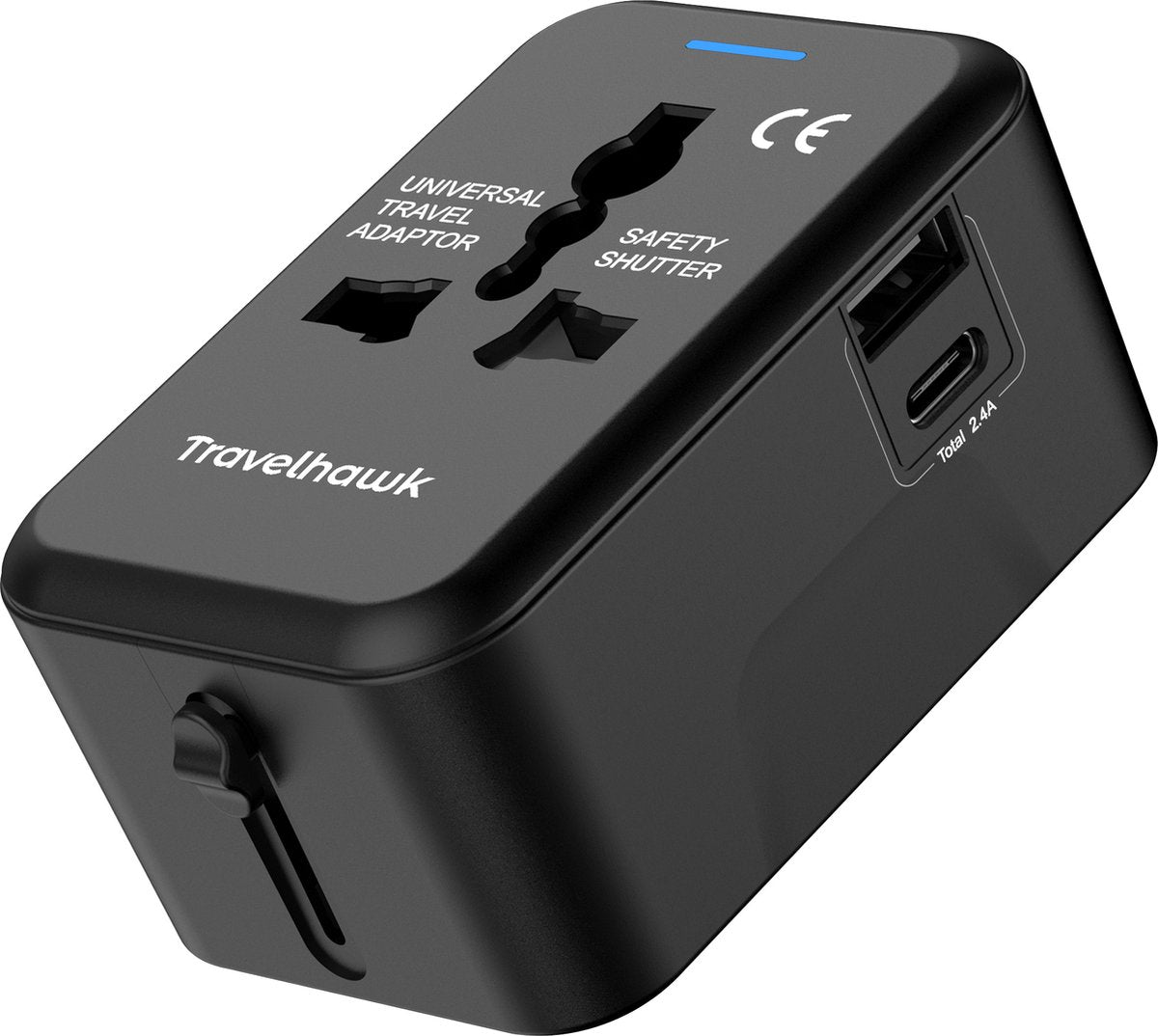 TravelHawk Universal World Plug Schwarz - USB-C & USB-Anschluss - Für 150+ Länder - Kompakt 7,5 x 5 x 3,5 cm